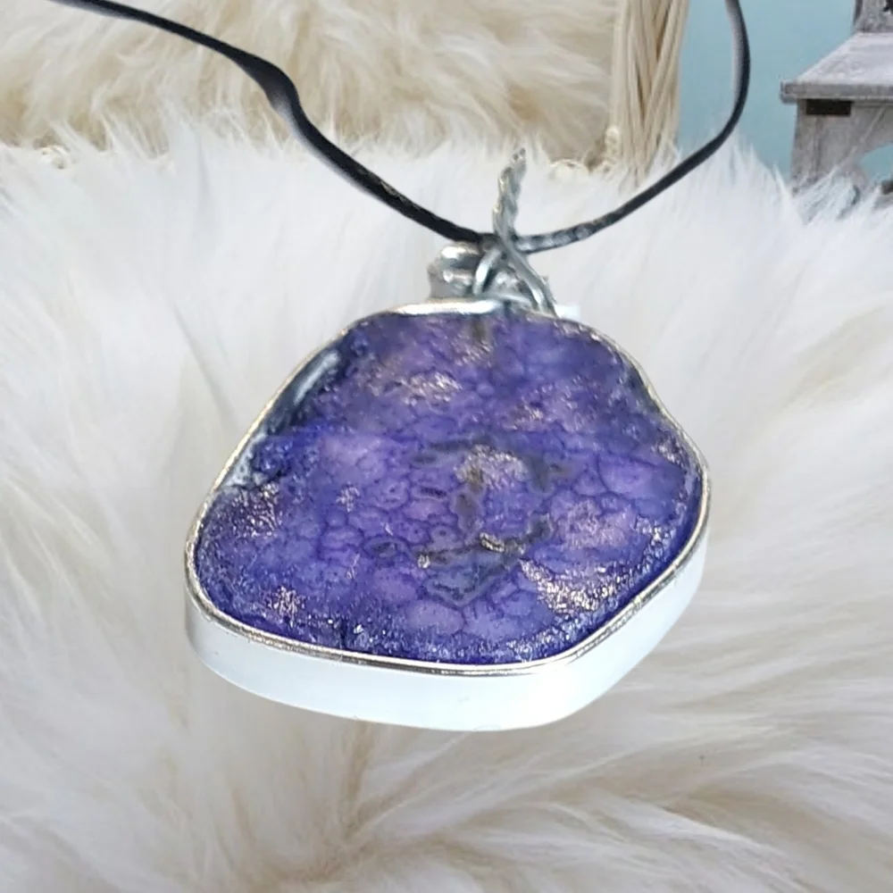 Handmade Natural Druzzy Pendant with Black Cord Necklace